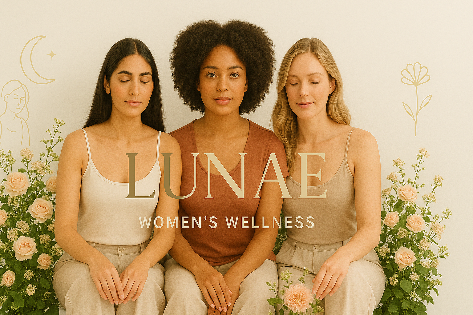Three women sitting together with 'LUNAE Women's Wellness' branding on a floral background.