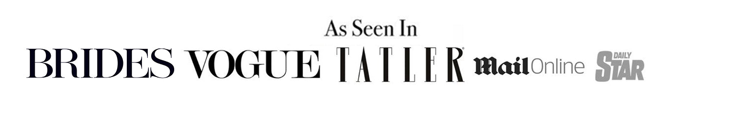 Logos of various magazines including Brides, Vogue, Tatler, MailOnline, and The Sun on a white background. Features for Rose & Feather Intimates