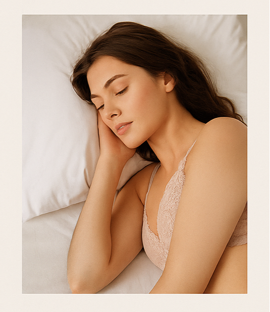 Lunae lingerie brand advertisement with a woman sleeping, a box of LUNA® products, and text about their ritual.